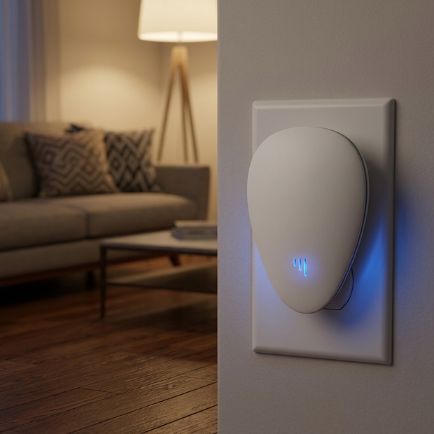 Repela plugged into a living room outlet at dusk with soft blue light